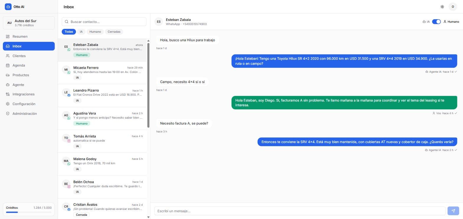 Inbox de Otto AI con las conversaciones de WhatsApp, Instagram y Messenger en una sola bandeja